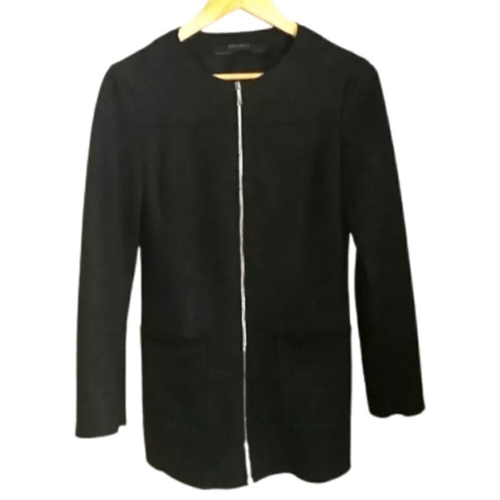𝅺ZARA Vegan Suede Black Classic Casual Zipper Front Long Blazer Extra-Small